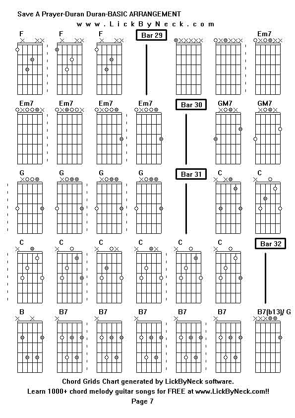 Chord Grids Chart of chord melody fingerstyle guitar song-Save A Prayer-Duran Duran-BASIC ARRANGEMENT,generated by LickByNeck software.